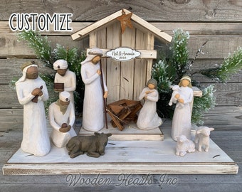 STABLE for Nativity WOOD CRECHE fits Willow Tree Angels *Distressed Barn *Christmas Decor Stables *Baby Manger *Angel Stand *White Brown