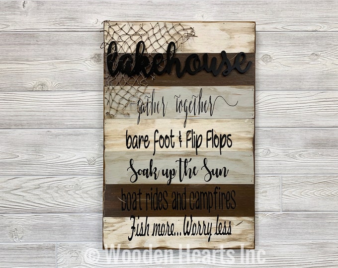 LAKE HOUSE decor SIGN Reclaimed Pallet *Boat Rides Campfires Fish Net *Wooden Home Barn Wood Distressed *Gray Brown Cream White 16X24