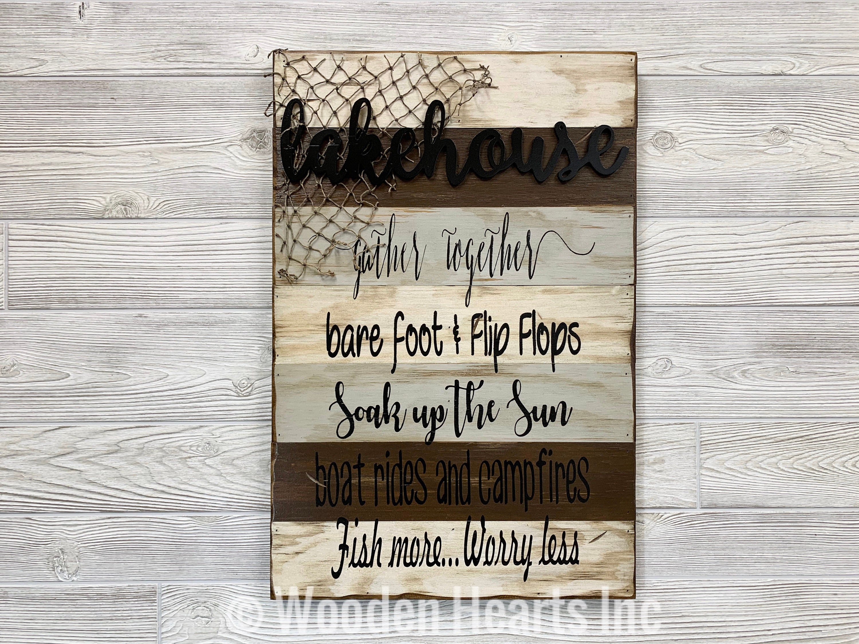 LAKE HOUSE decor SIGN Reclaimed Pallet *Boat Rides Campfires Fish Net  *Wooden Home Barn Wood Distressed *Gray Brown Cream White 16X24