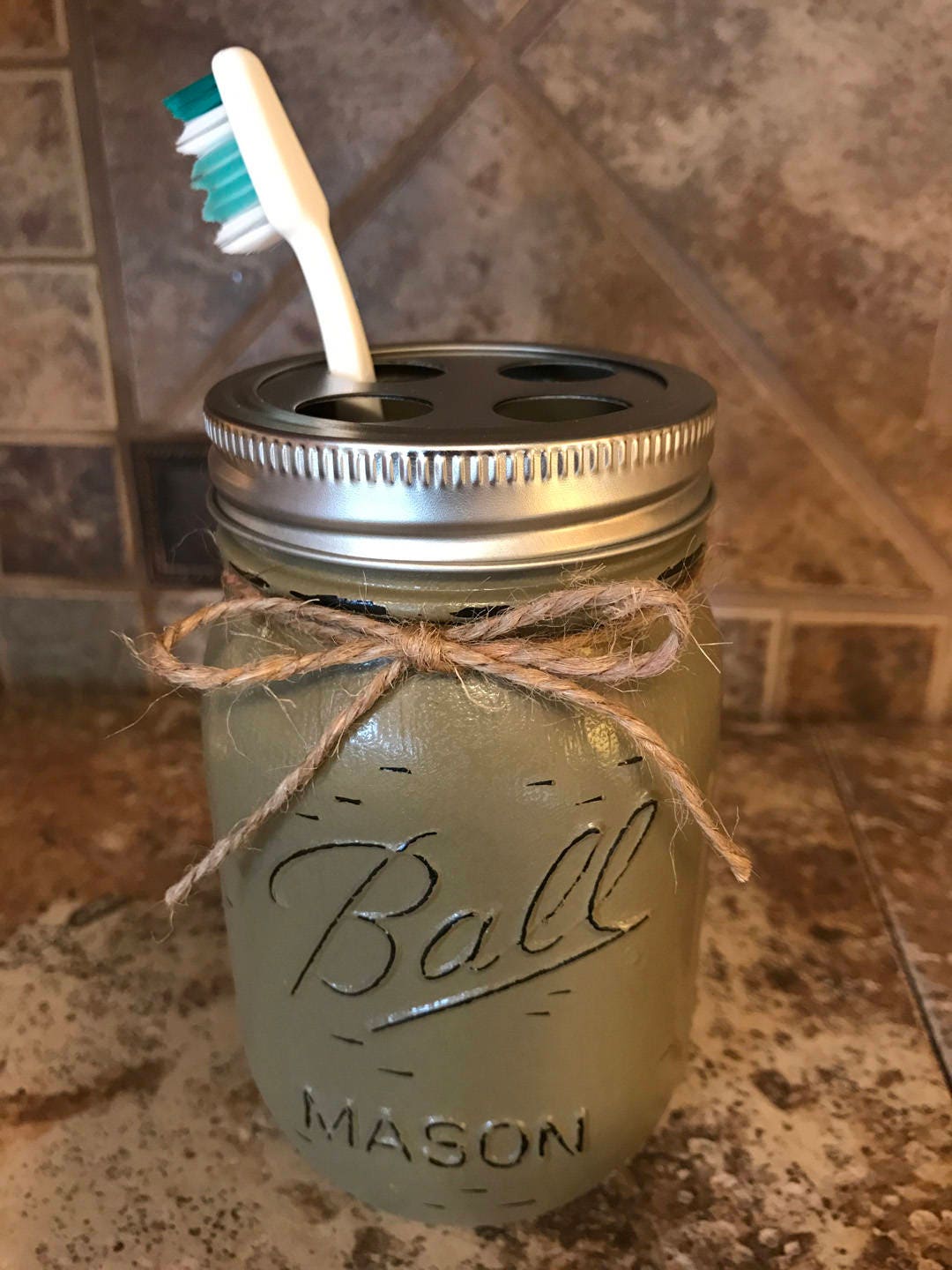 TOOTHBRUSH Holder MASON Jar Bathroom Decor, Pint Ball Jars, Painted