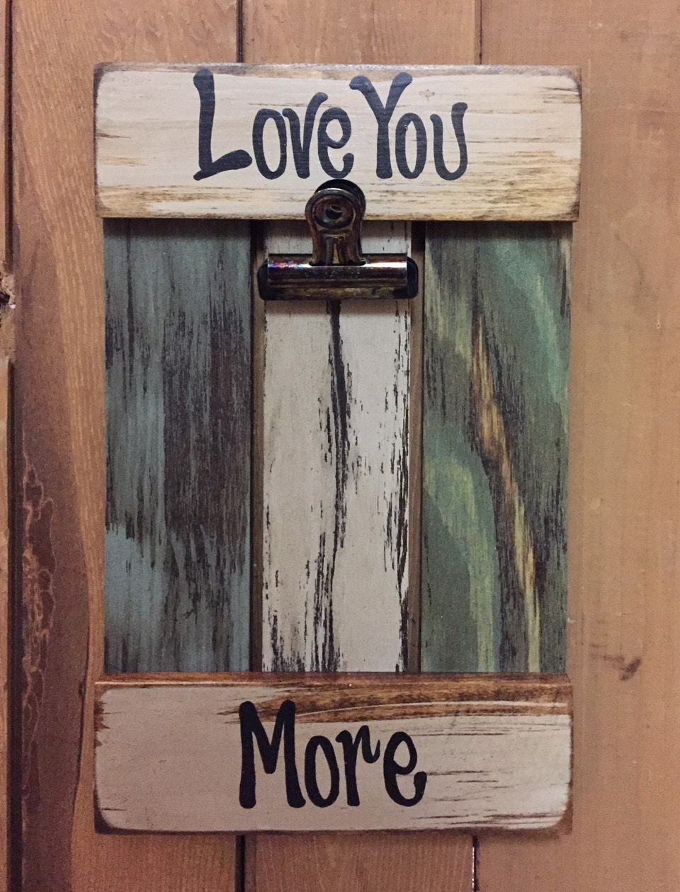 Photo Holder Sign Distressed Love You More Loved By Mom And Dad Mommy Daddy For Baby Shower Nursery Cream Blue Wood Picture Frame With Clip