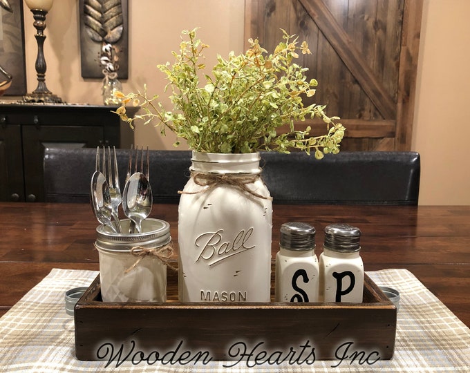 MASON Jar Kitchen 5pc SET in Antique White TRAY, Mini Quilted, Quart Vase + Flower, Salt & Pepper Shakers Ball Jars Distressed Centerpiece