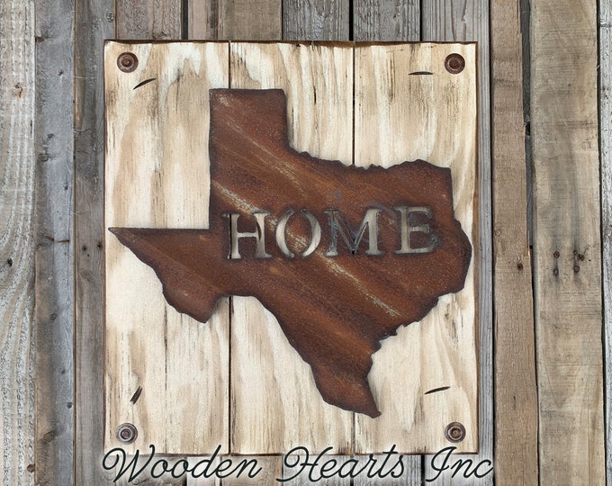 TEXAS Wall Sign with Galvanized Metal *Hang indoor or outdoors *State Shaped HOME Reclaimed Steel Distressed ~ Rustic Antiqued White Wood TX