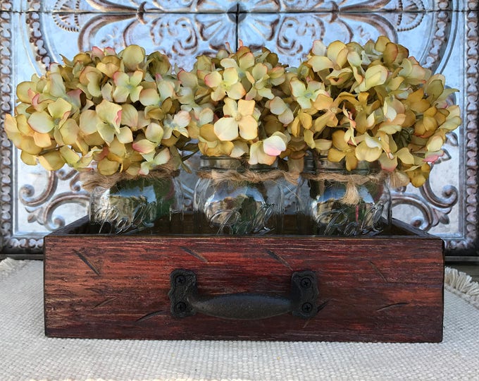 MASON Jar Centerpiece DRAWER Rustic Reclaimed Distressed Wood Box Ball with 3 Canning Pint Jars Crate Handle Red Blue Gray Cream Flowers