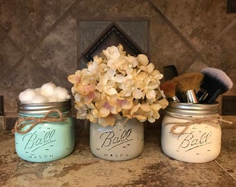 MASON Jar Decor Distressed Ball SHORT PINT Hand Painted Jars Cream Tan Brown Gray Teal Blue Bathroom Kitchen Q-tip Makeup Cotton Holder