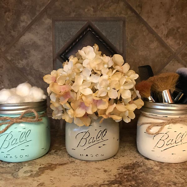 MASON Jar Decor Distressed Ball SHORT PINT Hand Painted Jars Cream Tan Brown Gray Teal Blue Bathroom Kitchen Q-tip Makeup Cotton Holder