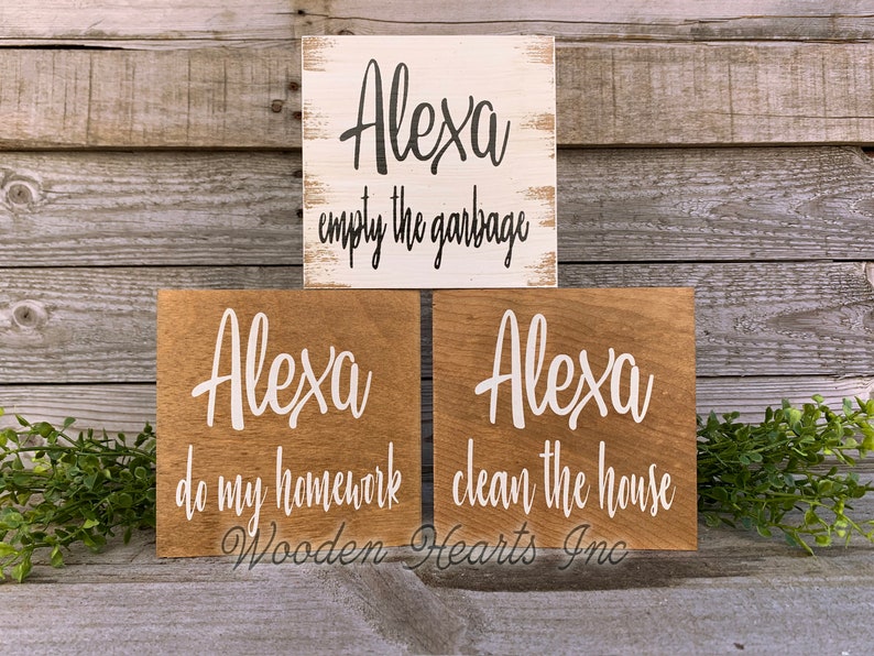 ALEXA make my bed Sign Bathroom Dishes Feed Dogs Dinner Bed Clean House Garbage Laundry Room Chores Humor Funny White Brown Gag Gift 5x5 image 5