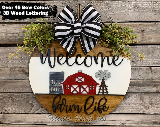 Windmill Wall Decor, WELCOME to our FARM Life Sign Front Door Hanger 16" Round Stripe, 3D Wood Wreath,  Housewarming, Anniversary Gift Dad