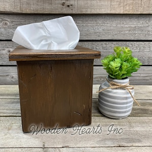 TISSUE BOX COVER, Wood  Holder, Square, Kitchen Bathroom, Wooden rustic distressed decor, antique red blue gray white cream brown 6&quot;