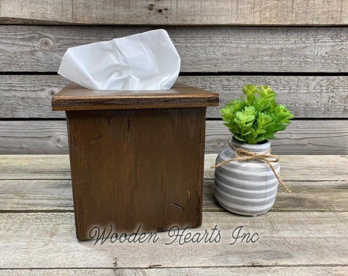 TISSUE BOX COVER, Wood  Holder, Square, Kitchen Bathroom, Wooden rustic distressed decor, antique red blue gray white cream brown 6"