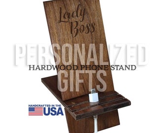 Custom Wood Phone Stand, Personalized Phone Stands, Hardwood Phone Holder, Monogrammed Gift Black Walnut