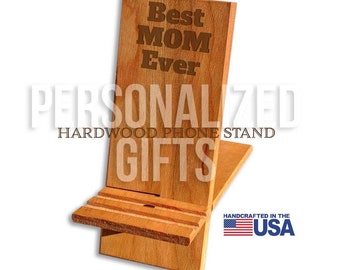 Engravable Phone Stands, Cherry Wooden Travel Phone Stand, Custom Cell Phone Tablet Stand, Made in USA