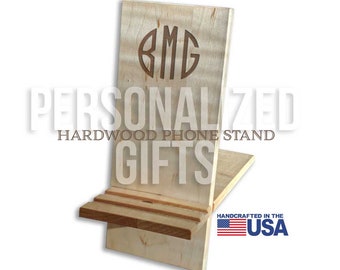 Custom Wood Phone Stand, Personalized Phone Stands, Hardwood Phone Holder, Monogrammed Gift Curly Maple