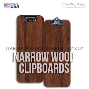 Narrow Clipboards, Hardwood Bar Boards, Wood Clipboard, Order Clipboard, Menu Clipboards, 5.25&quot; x 13&quot; Solid Walnut