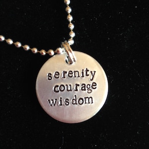 Sobriety pendant | necklace | &quot;serenity, courage, wisdom&quot; | serenity prayer |  1&quot; hand-stamped aluminum disc | Sober Gift | customizable