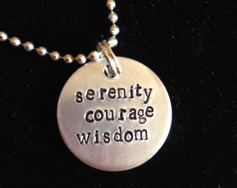 Sobriety pendant | necklace | "serenity, courage, wisdom" | serenity prayer |  1" hand-stamped aluminum disc | Sober Gift | customizable