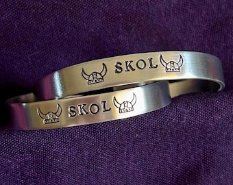 SKOL | Go Vikings! | Cuff Bracelet | Vikings Helmet | Hand Stamped | Aluminum | Minnesota Fans | 6", 7". Unisex. Made in USA