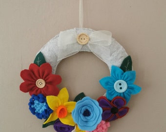 Felt flower wreath, spring flowers. Can make to order to meet your colour needs and flower requirements.