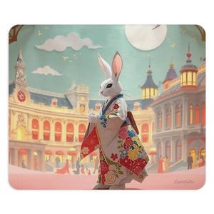Peut inclure: Un tapis de souris fantaisiste représentant un lapin blanc en kimono, devant un paysage urbain européen. Le kimono du lapin est orné de motifs floraux rouges, bleus et jaunes. L'arrière-plan comprend des bâtiments, une pleine lune et un ciel bleu clair.