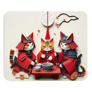 Whimsical Samurai Cats Mouse Pad, Gaming Desk Mat, Cute Cat Mousepad, Japanese Kitten Office Decor, Animal Lover Gift