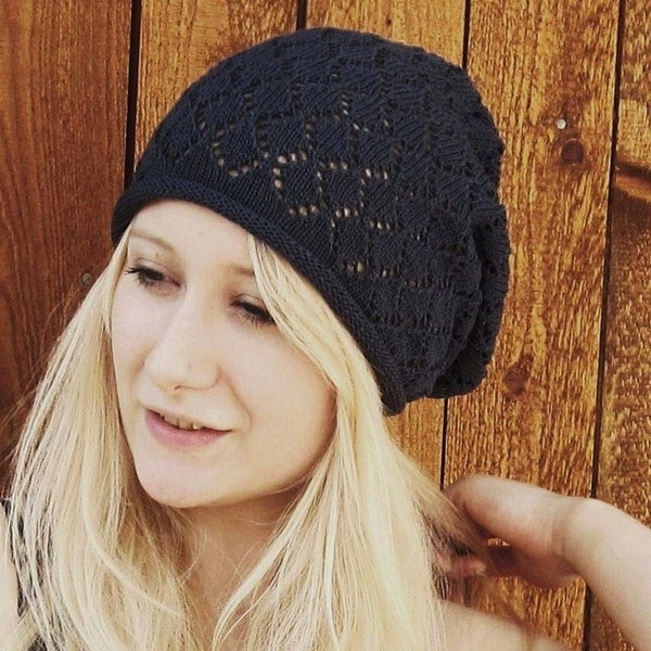 Beanie Lochmuster LAURA schwarz - Damen Sommermütze  -  20 Farben -  Baumwollmütze -   Boho Hippie -  LAURA-cotton-100