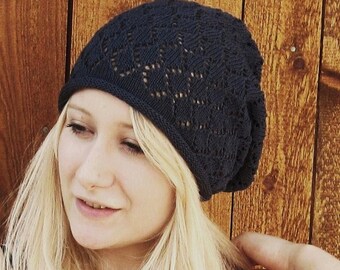 Beanie Lochmuster LAURA schwarz - Damen Sommermütze  -  20 Farben -  Baumwollmütze -   Boho Hippie -  LAURA-cotton-100