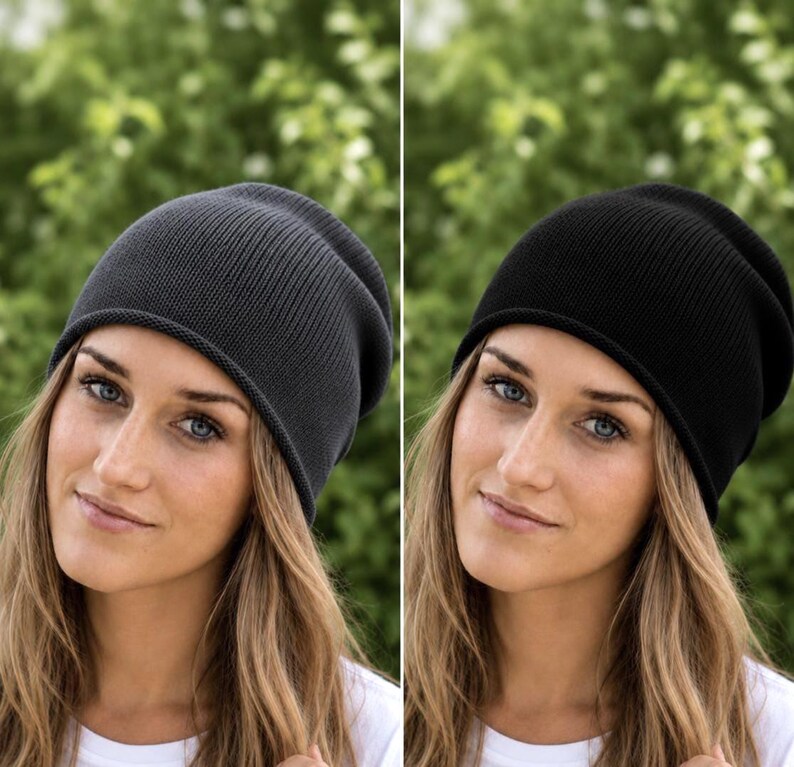 May include: A charcoal grey knit beanie and a black knit beanie, both featuring a simple, smooth texture with a rounded crown and a slightly rolled edge, designed to fit snugly on the head with a clean, uniform appearance in two colors.