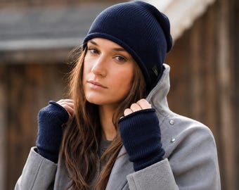 Merino Wool Beanie & Arm Warmers Set | Fine Knit rolled Edge Hat + Fingerless Gloves  100 % Wool | STYLE-fine-merino