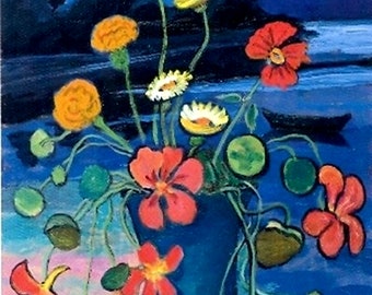 Gemälde Postkarte *Blumenstilleben vor Landschaft* von Gabriele Münter, Sommerblumen, Grußkarte, Kunstpostkarte