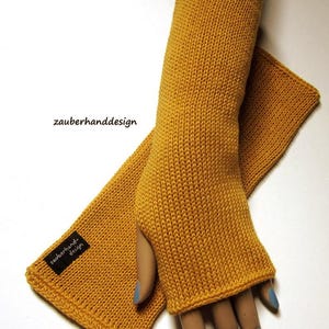 knit wristwarmers, cotton, handwarmers, thumbhole, mittens CITY-cotton-100-25 senf gelb - mustard