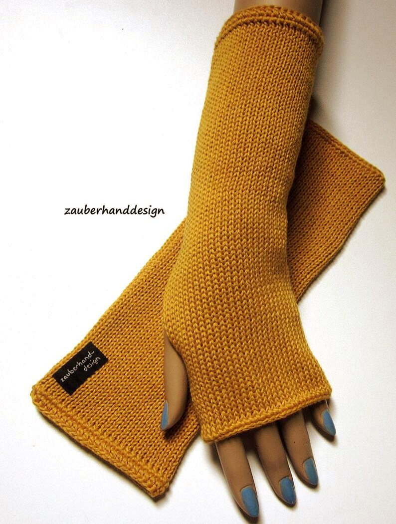 knit wristwarmers, cotton, handwarmers, thumbhole, mittens CITY-cotton-100-25 senf gelb - mustard