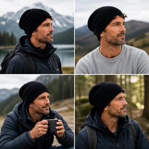 May include: A solid black beanie with a ribbed knit texture. The hat features a slightly slouchy fit and a folded brim edge, constructed from a soft, opaque fabric that covers the crown of the head completely with a rounded silhouette.
