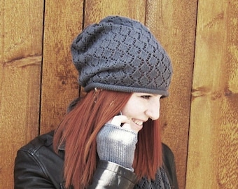 lace knit hat, slouch wool beanie,,  bohobeanie, gift woman  LAURA-merino