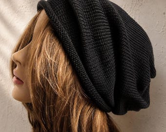Extra Long Slouchy Beanie with Rolled Edge | XXL Pima Cotton Hat for Large Heads Size S to 4XL  | CITY-streetstyle-cotton