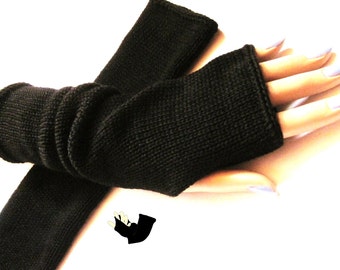 knit long armwarmers -   black mitts -  fingerless gloves    STYLE-co-me