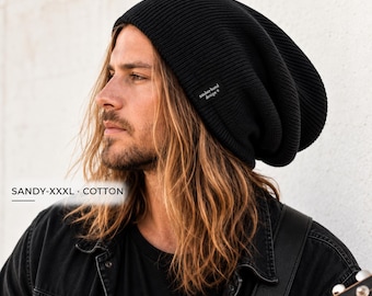 Extra Long cotton Beanie for Dreadlocks | oversized Slouch Beanie for Big Heads | Unisex Baggy Beanie 55-64 cm | SANDY-XXXL