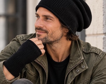 XL fine knit mens wool beanie - Italian Merino  rolled edge beanie -  Minimalist slouch Hat | Model: streetstyle-merino-XL