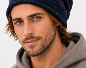 XL Men's Cotton Beanie - Oversized Baggy Hat - Soft Cotton Slouchy Beanie - Vegan Knit Beanie - Extra Larg Men Hat