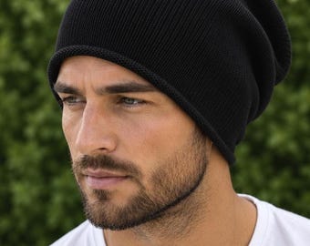 XL fine knit mens wool beanie - Italian Merino  rolled edge beanie -  Minimalist slouch Hat | Model: streetstyle-merino-XL