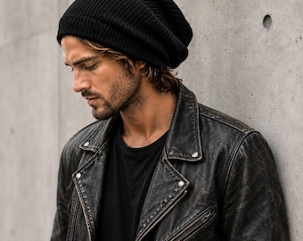 Men's slouch Long Beanie - 100 % Pure Wool -  Lightweight Unisex Knitted Hat - Sizes M to 4XL -  TREND-man-merino-EL