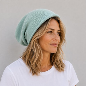 extra slouch cotton beanie - unisex  knit  hat -  rolled edge oversized beanie