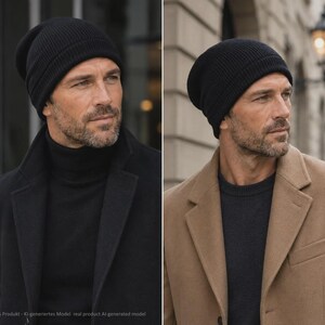 May include: A solid black ribbed knit beanie cap with a folded cuff edge. The beanie features a soft, textured fabric construction with a rounded crown shape that fits snugly around the head, providing a classic look for cold weather conditions.