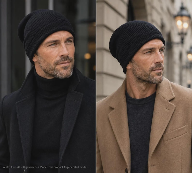 May include: A solid black ribbed knit beanie cap with a folded cuff edge. The beanie features a soft, textured fabric construction with a rounded crown shape that fits snugly around the head, providing a classic look for cold weather conditions.