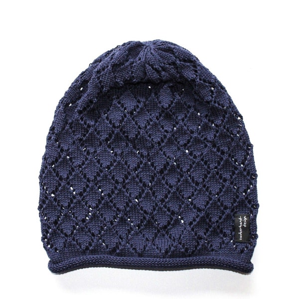 leichte Sommermütze navy  - Damen Strickmütze -  Ajour Lochmuster Beanie  -  Hippie Boho Style  - zauberhand-design®