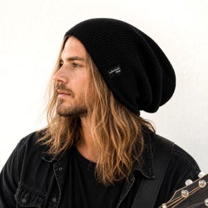 Extra Long Mens Merino Slouchy Beanie | XXL Knit Hat for Large Heads (M-3XL) | Black Designer Beanie | SANDY-merino
