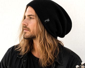 Extra Long Mens Merino Slouchy Beanie | XXL Knit Hat for Large Heads (M-3XL) | Black Designer Beanie | SANDY-merino