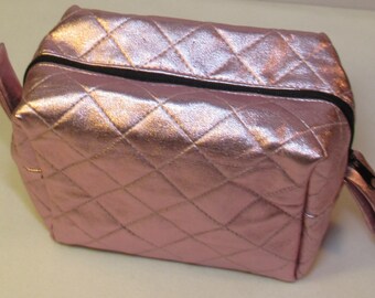 Pink boxy bag, quilted large makeup bag, zippered boxy bag, cosmetic bag, ready to ship