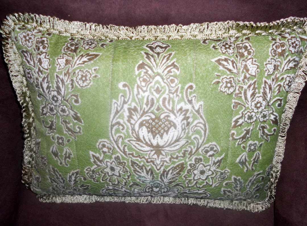 Lemon Green Damask Pillow Cover, Green With White and Gold Print Fabric