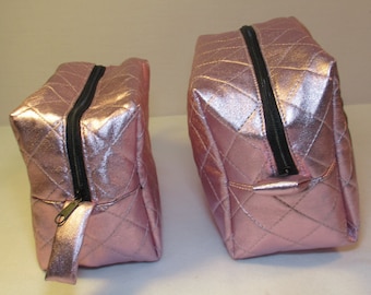 Pink boxy bag, quilted medium makeup bag, zippered boxy bag, cosmetic bag, ready to ship