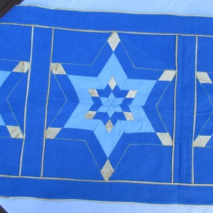 May include: A blue table runner with a star pattern. The runner features a central star design in shades of blue, outlined with gold stitching. The edges are also trimmed with gold, creating a decorative accent.